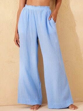 Shade & Shore Women's Cover Up Pants Blue Gauze Wide-Leg Cotton Size Large